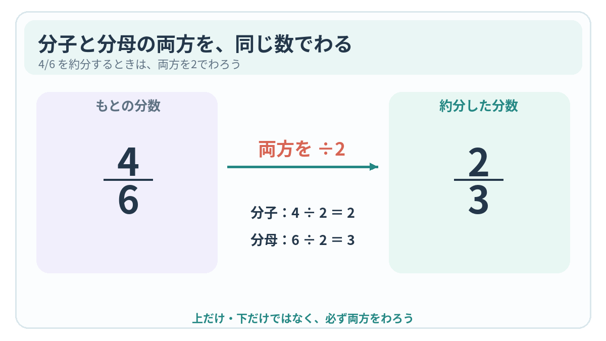 4/6の分子4を2でわって2に、分母6を同じ2でわって3にすると2/3になる図。分子と分母の両方を同じ数でわる。
