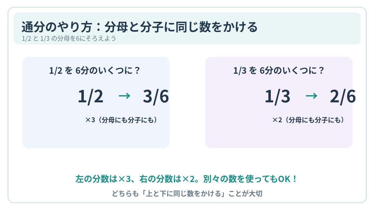 1/2は分子と分母に3をかけて3/6、1/3は分子と分母に2をかけて2/6に直す通分の計算図。分数ごとにかける数は違ってもよい。