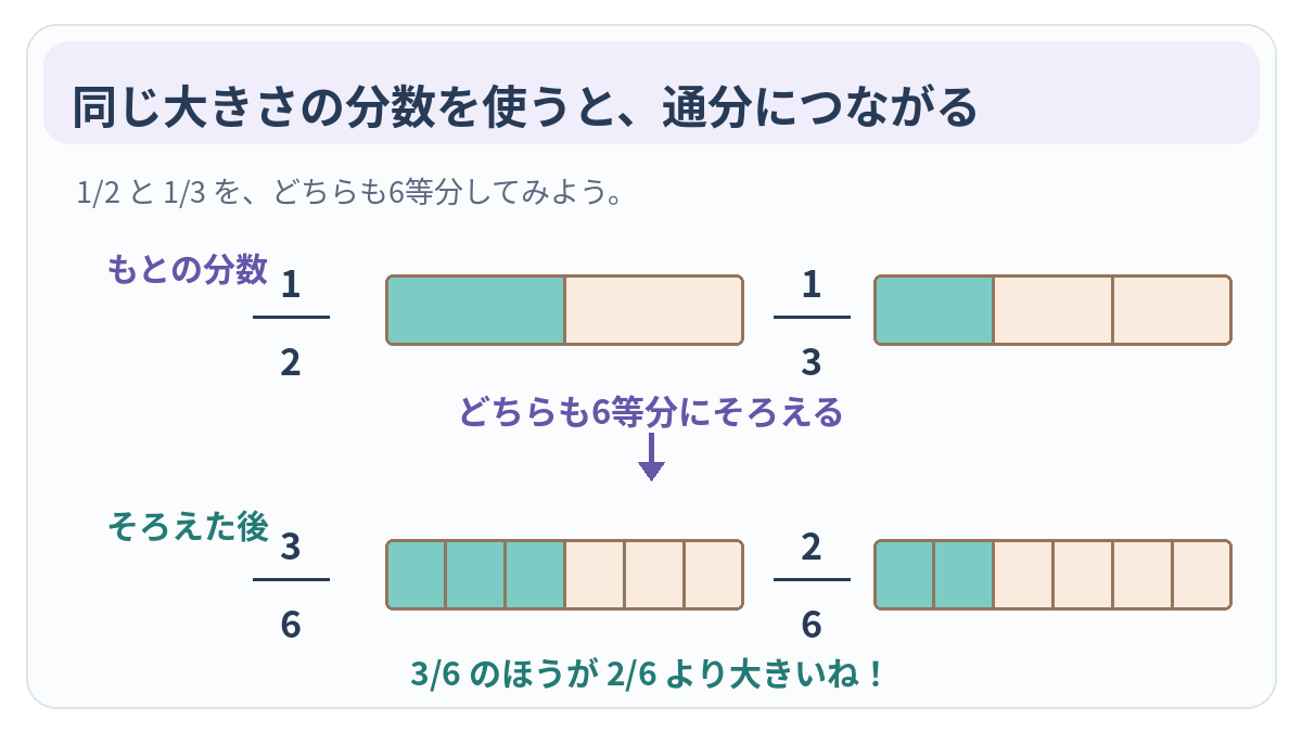 1/2と1/3をどちらも6等分に分け直すと3/6と2/6になり、前者のほうが大きいと分かる図。