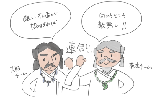 大阪と奈良の豪族が連合して大和政権を作ったことを表すイラスト
