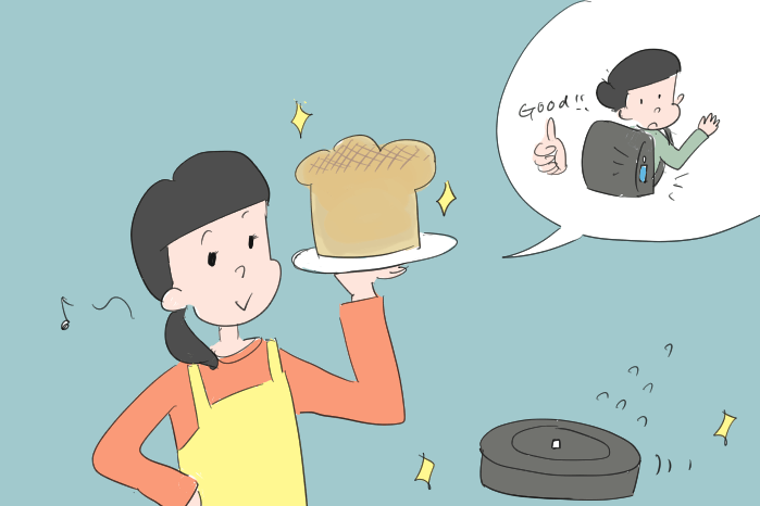 パンを焼いて満足している女性とルンバのイラスト