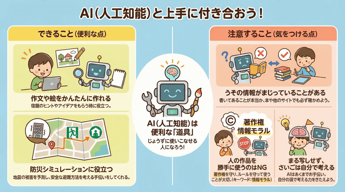 2026年中学入試に向けた2025年時事問題について、AIのことを小学生向けに説明するインフォグラフィック