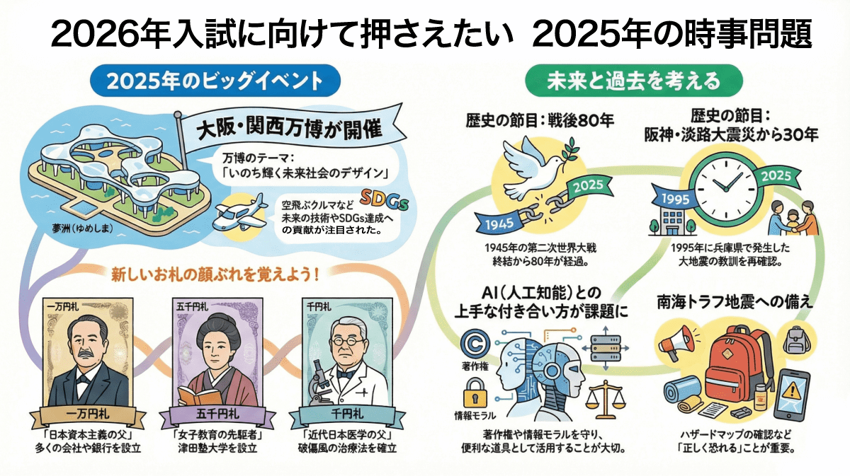 2026年中学入試に向けた2025年時事問題について小学生向けに説明するインフォグラフィック