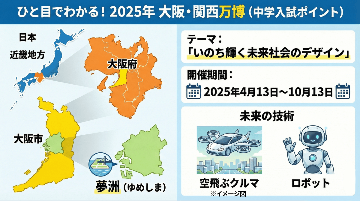 2026年中学入試に向けた2025年時事問題について、大阪万博のことを小学生向けに説明するインフォグラフィック