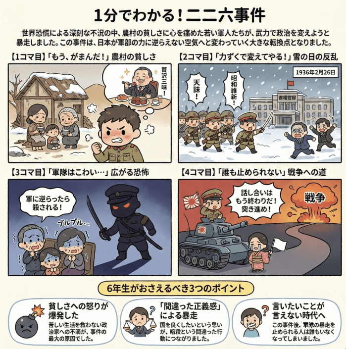 二・二六事件について説明する小学生向けの四コマ漫画