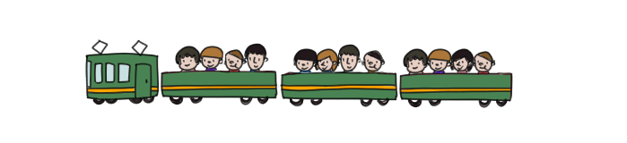 4人の子供が乗った電車が3台つながっているイラスト