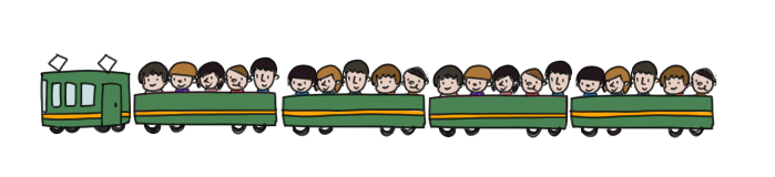 5人の子供が乗った電車が4台つながっているイラスト