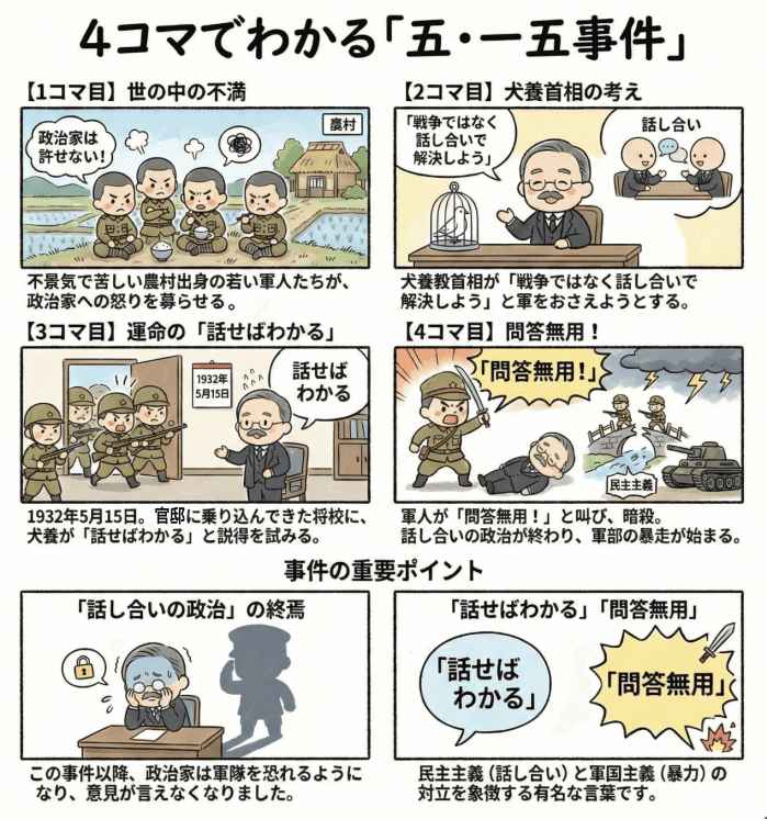 五・一五事件について説明する小学生向けの四コマ漫画