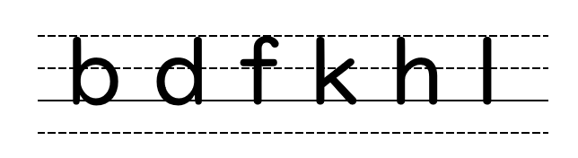英語の四線にbdfkhlの書き方を説明する画像