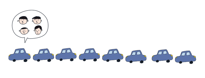 4人が乗っている8台の車のイラスト