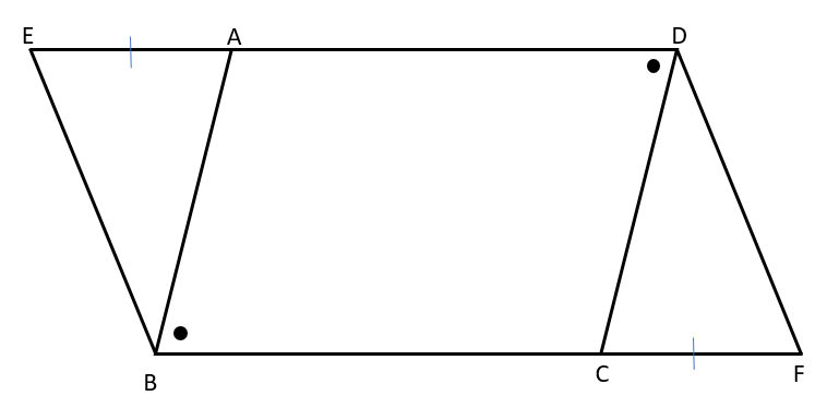 ２組の対角がそれぞれ等しい条件を使った証明の問題の図