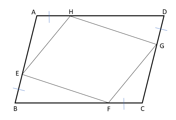 ２組の対辺がそれぞれ等しい条件を使った証明の問題の図