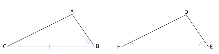 三角形の合同条件の１組の辺とその両端の角がそれぞれ等しいを説明する図