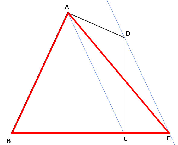 四角形の面積を変えずに三角形にする作図の例題の解説図その４