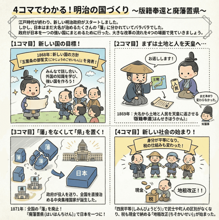 明治時代の版籍奉還と廃藩置県について説明する4コマ漫画