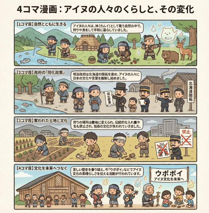 アイヌの人々のくらしと、その変化について説明する4コマ漫画