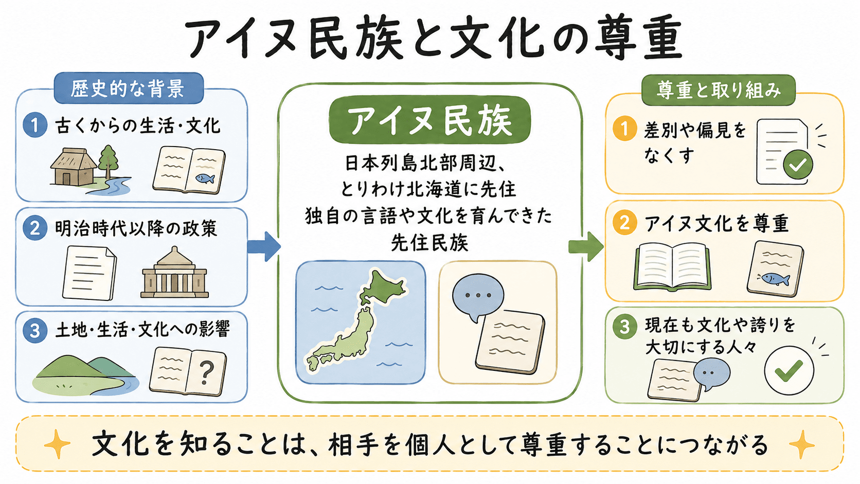 アイヌ民族は日本列島北部周辺、とりわけ北海道に先住し、独自の言語や文化を育んできた先住民族であり、文化を尊重し差別や偏見をなくすことが大切であることを示した図解