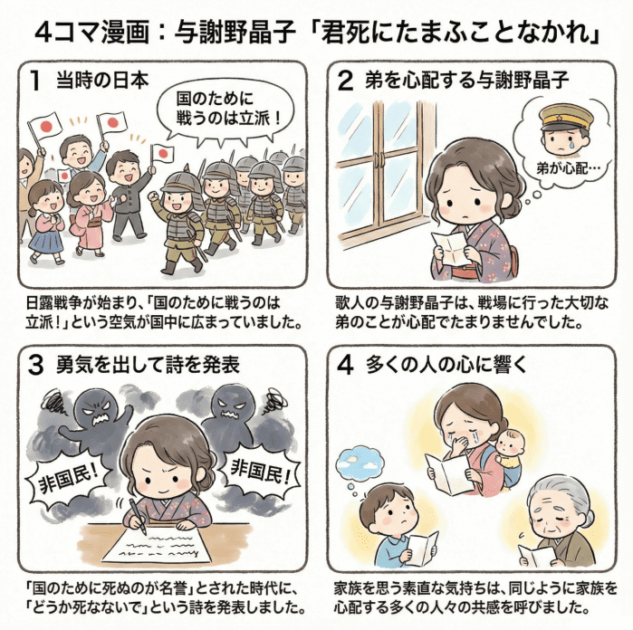 与謝野晶子の「君死にたまふことなかれ」について小学生向けに説明する4コマ漫画