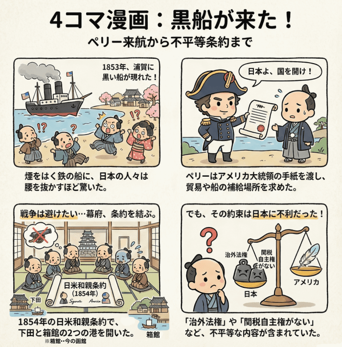 江戸時代の黒船来航について説明する4コマ漫画