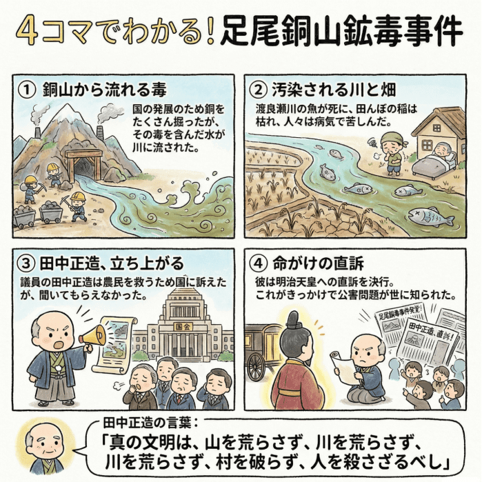 足尾銅山鉱毒事件について小学生向けに説明する4コマ漫画