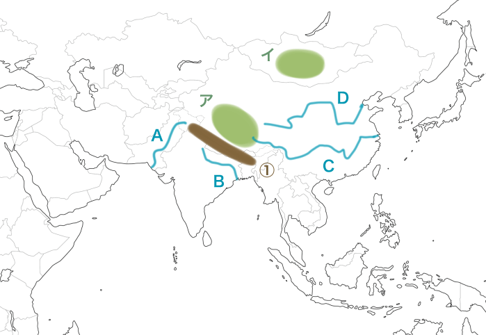 アジア州の高原や山脈、河川の地図のイラスト