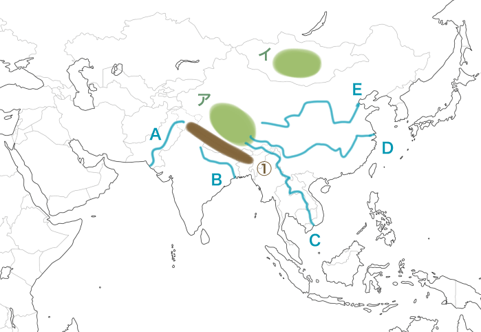 アジア州の高原や山脈、河川の地図のイラスト