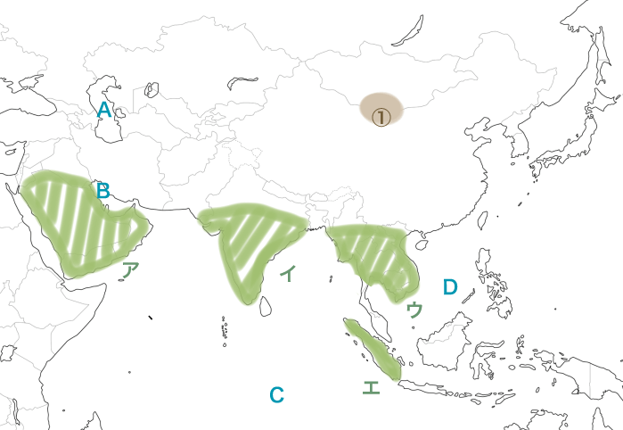 アジア州の高原や山脈、河川の地図のイラスト