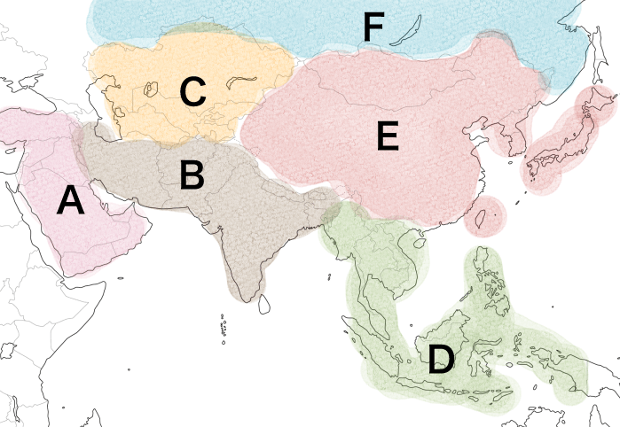 アジア州の6つの地域区分のイラスト