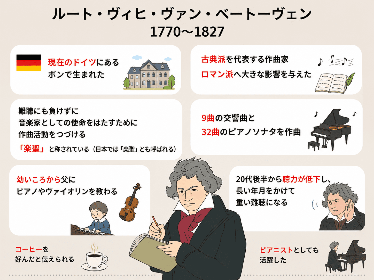 ベートーヴェンとはどんな人物かについて特徴をまとめた図解イラスト