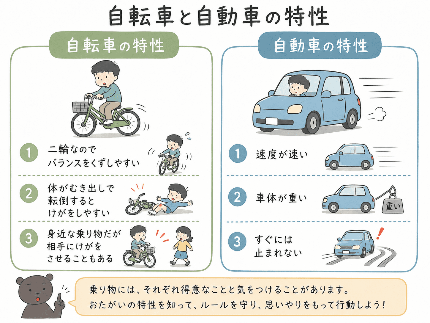 自転車と自動車の特性を左右に比較してまとめた図