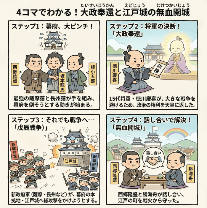 江戸時代の大政奉還と江戸城の無血開城について説明する4コマ漫画