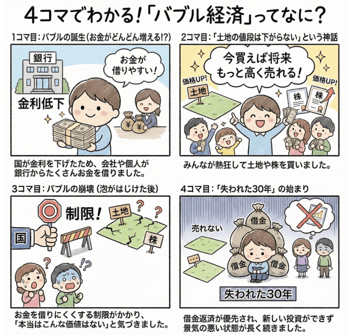 バブル経済について説明する小学生向けの四コマ漫画