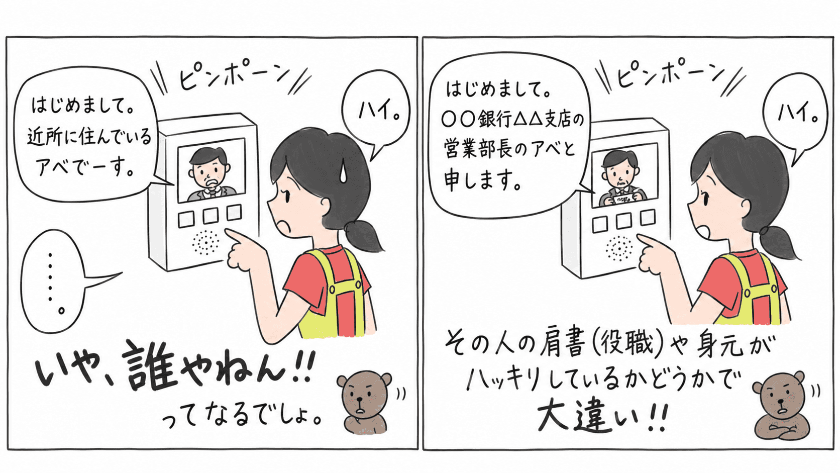 インターホン越しの訪問者について、名乗るだけの場合と勤務先・役職・身元が明確な場合を比較し、相手の肩書や身元を確認する大切さを説明した漫画。