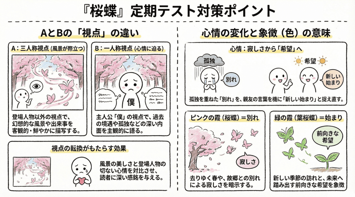田丸雅智『桜蝶』のテスト対策ポイントを説明する図解イラスト