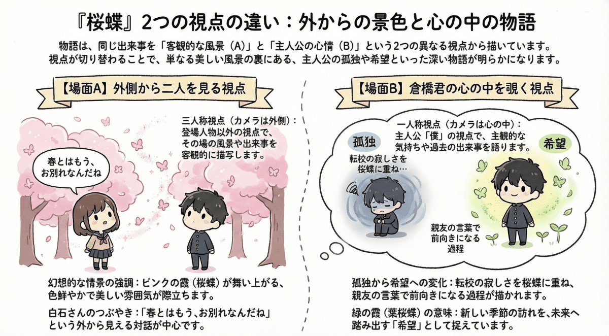 田丸雅智『桜蝶』のAとBの視点の違いを説明する図解イラスト