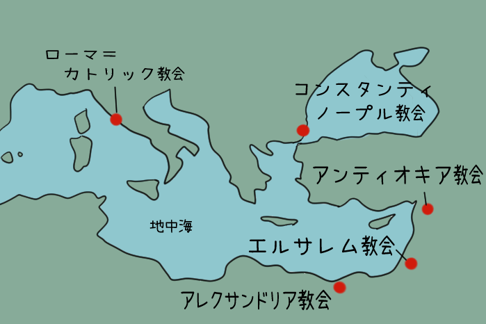 キリスト教の五本山の地図のイラスト