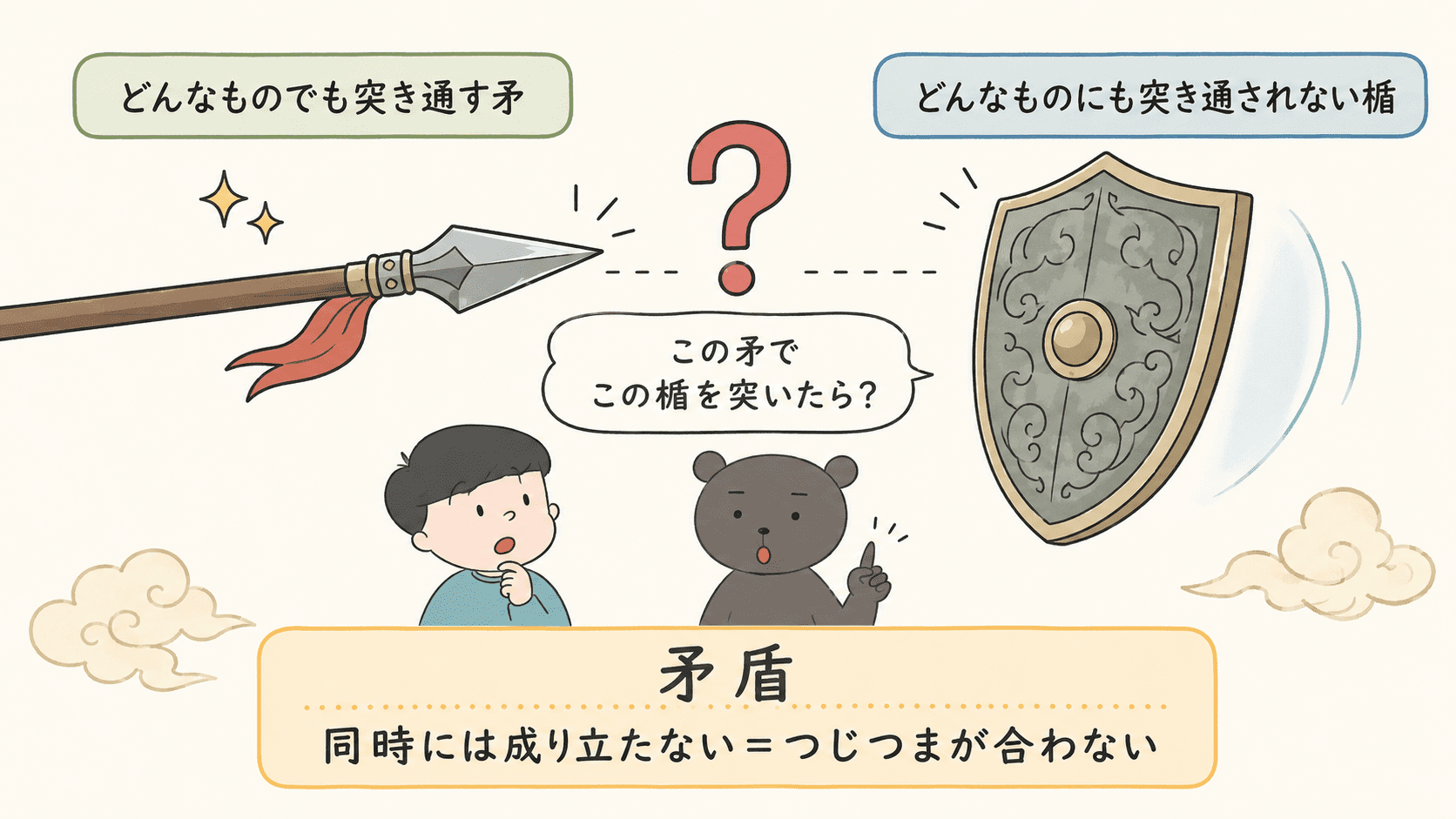 故事成語「矛盾」が、二つの説明が食い違っていて話のつじつまが合わないことを表すことを、最強の矛と最強の楯の関係で示した図解