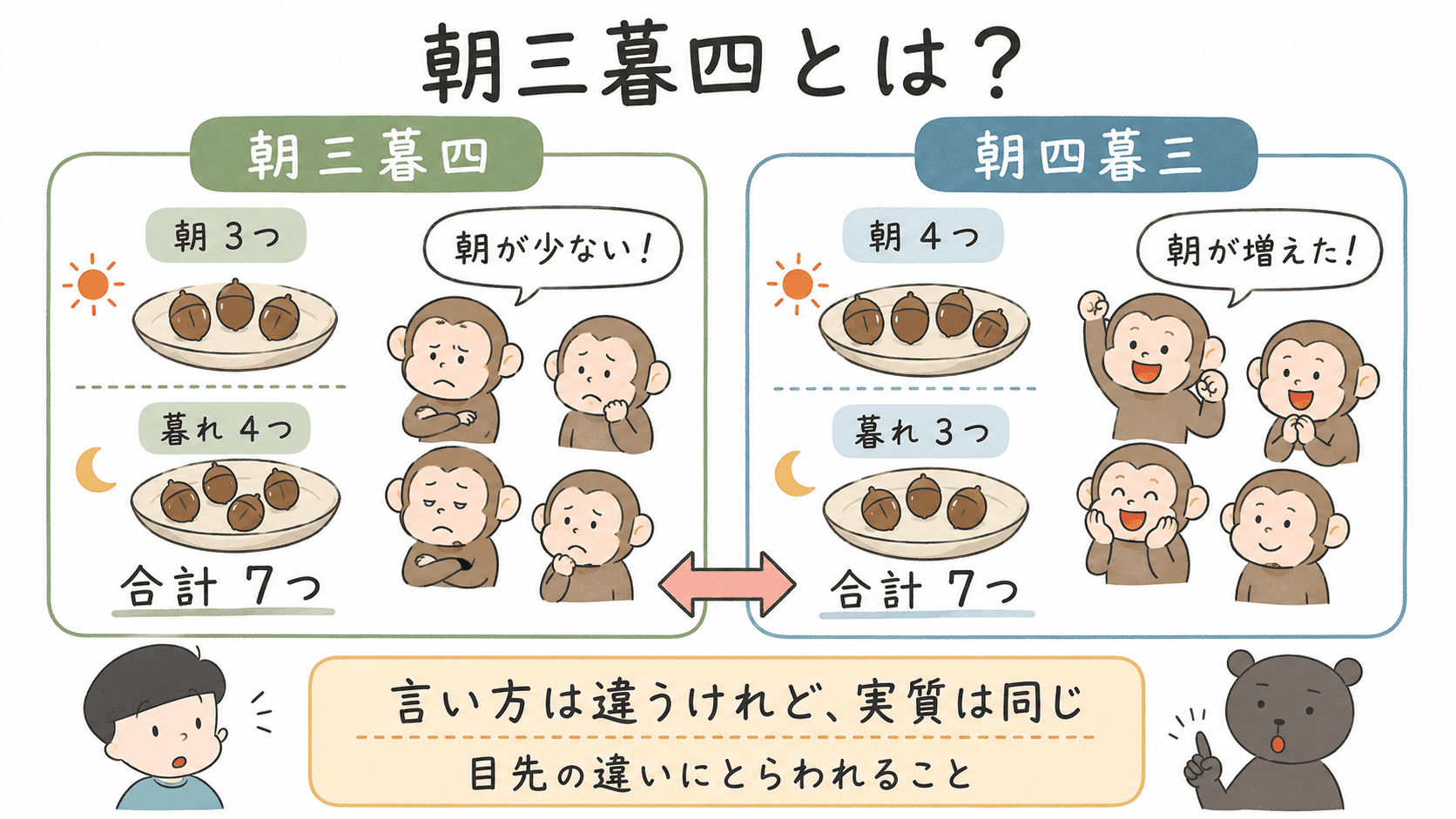朝三暮四の意味を、朝3つ夕方4つと朝4つ夕方3つの合計が同じであることから説明する図解