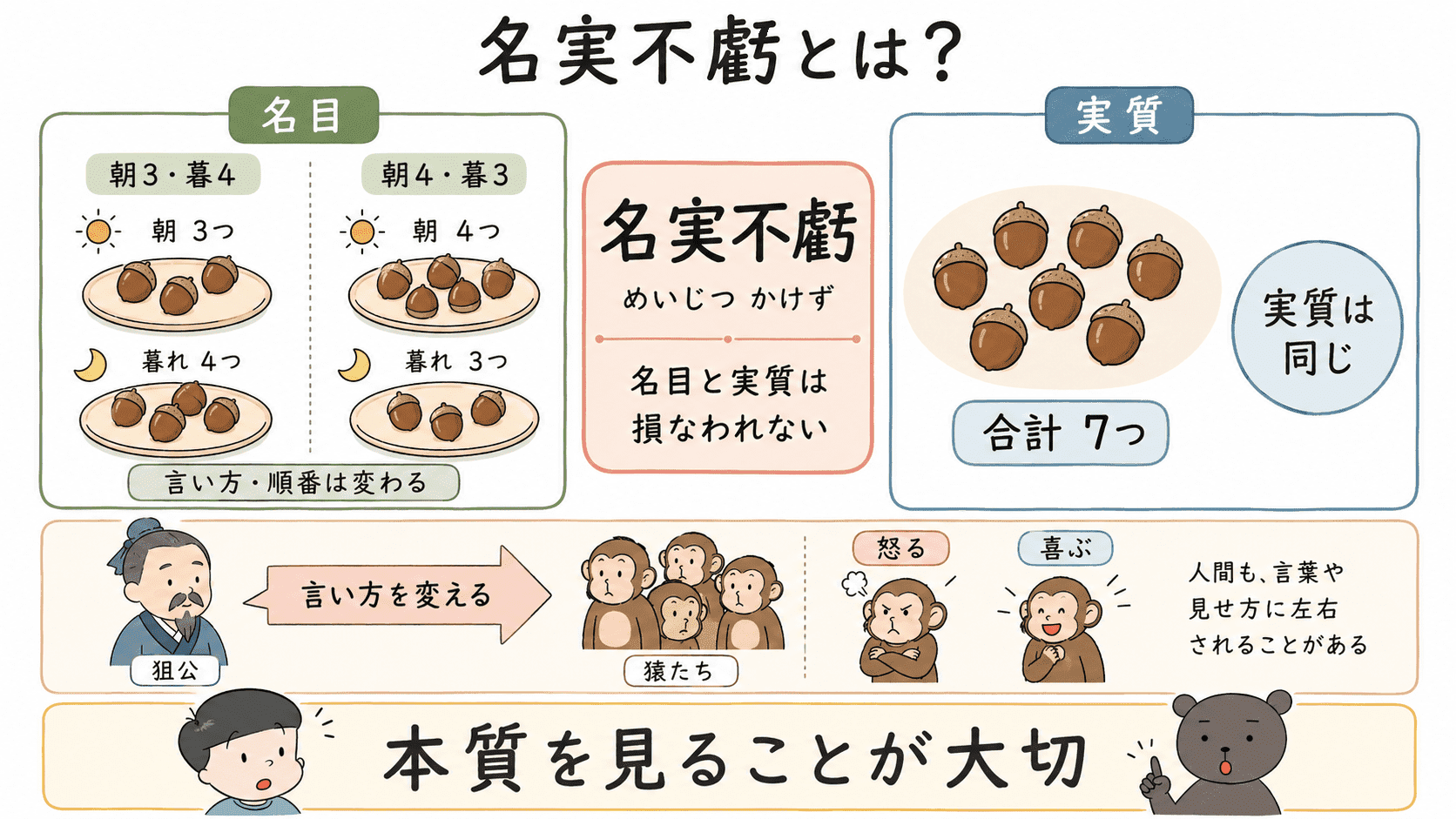 朝三暮四の名実不虧の意味と、名目と実質の違いを説明する図解