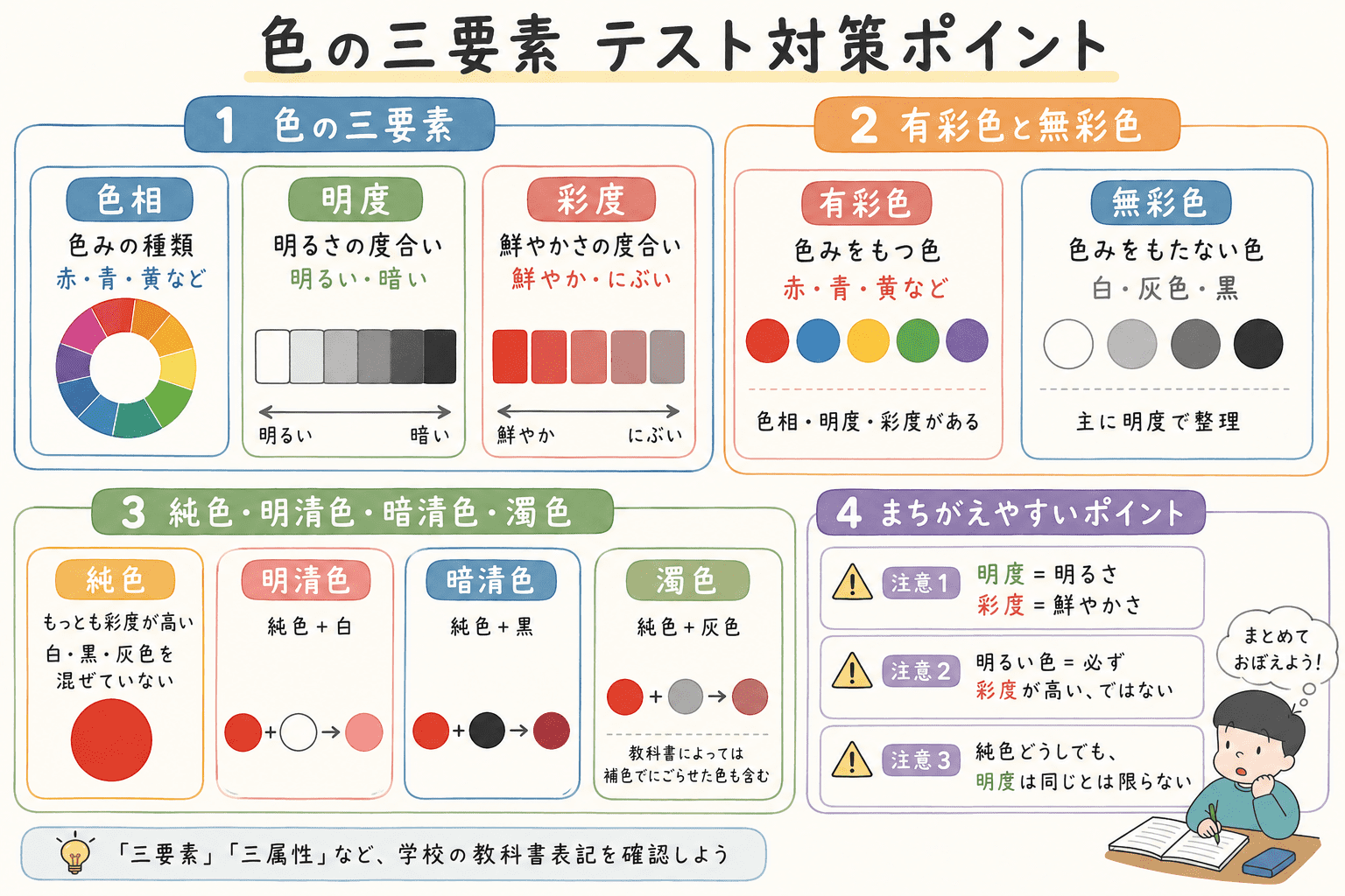 色の三要素、色相・明度・彩度、有彩色・無彩色、純色・明清色・暗清色・濁色をまとめた中学美術のテスト対策図解。