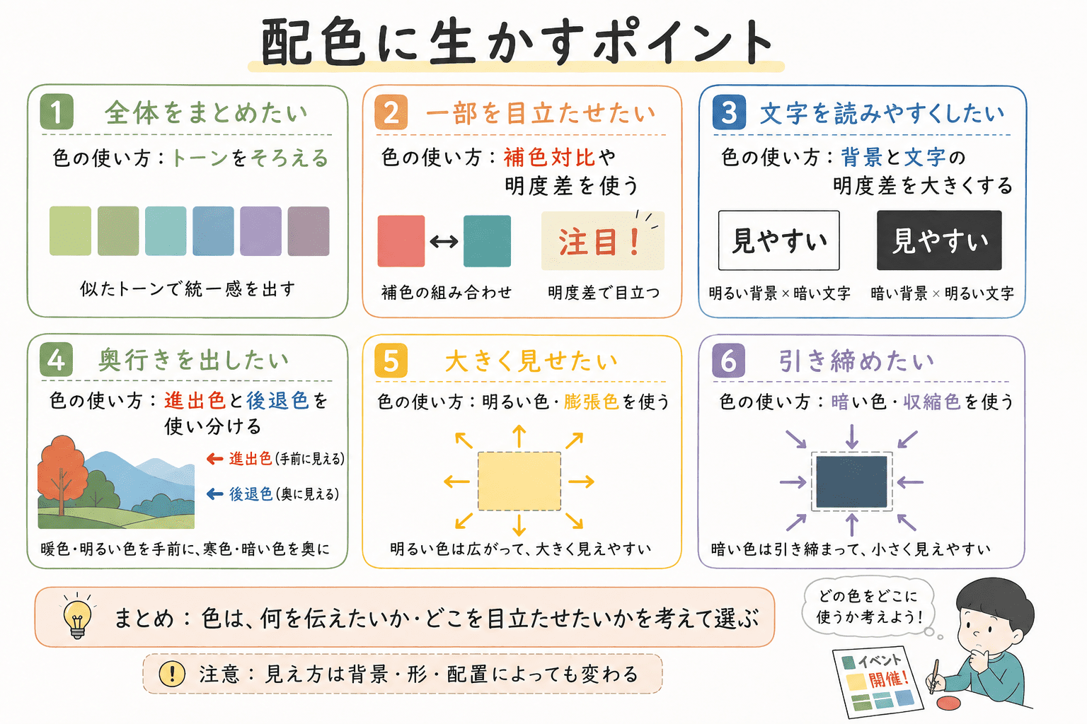 トーン、色の対比、進出色・後退色、膨張色・収縮色を配色に生かすポイントをまとめた中学美術の図解。