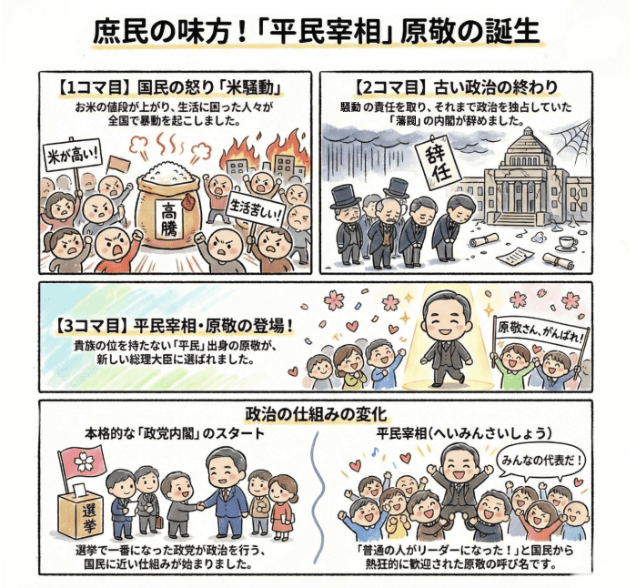 平民宰相について小学生向けに説明する4コマ漫画