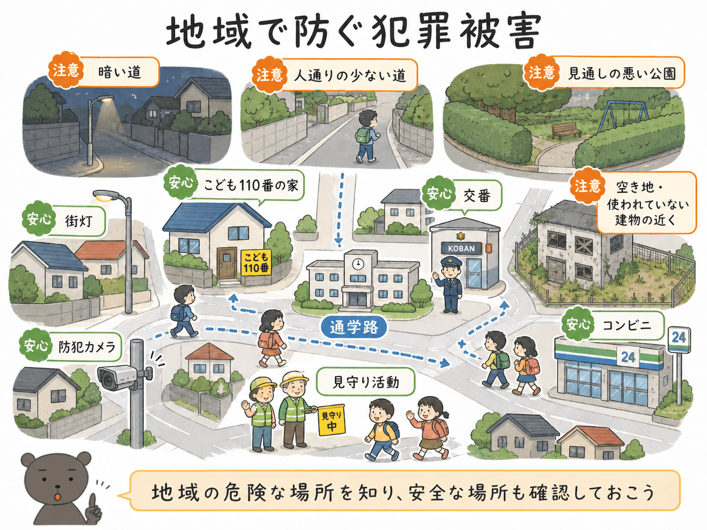 通学路や地域の危険な場所、安全な場所、見守りの取り組みを示した地域安全マップの図解