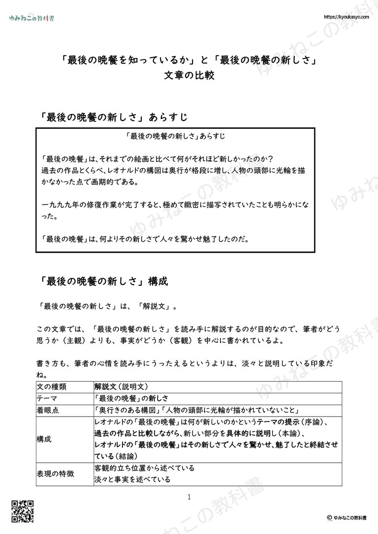 「最後の晩餐を知っているか」と「最後の晩餐の新しさ」 文章の比較