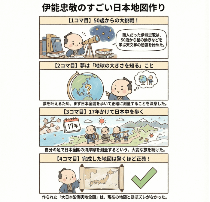 江戸時代の伊能忠敬と大日本沿海輿地全図について説明する図解4コマ漫画
