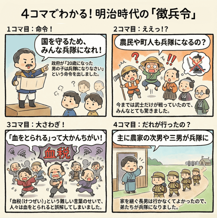 明治時代の徴兵令について説明する4コマ漫画