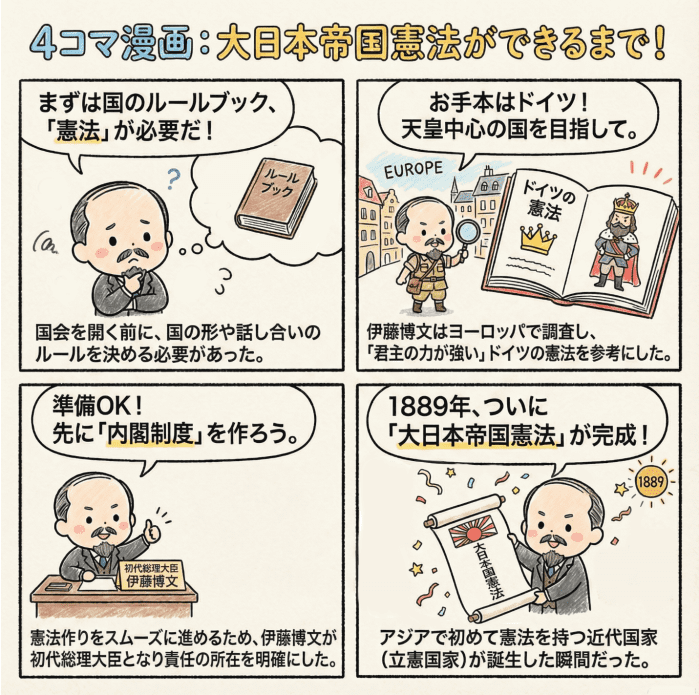 大日本帝国憲法ができるまでについて説明する4コマ漫画