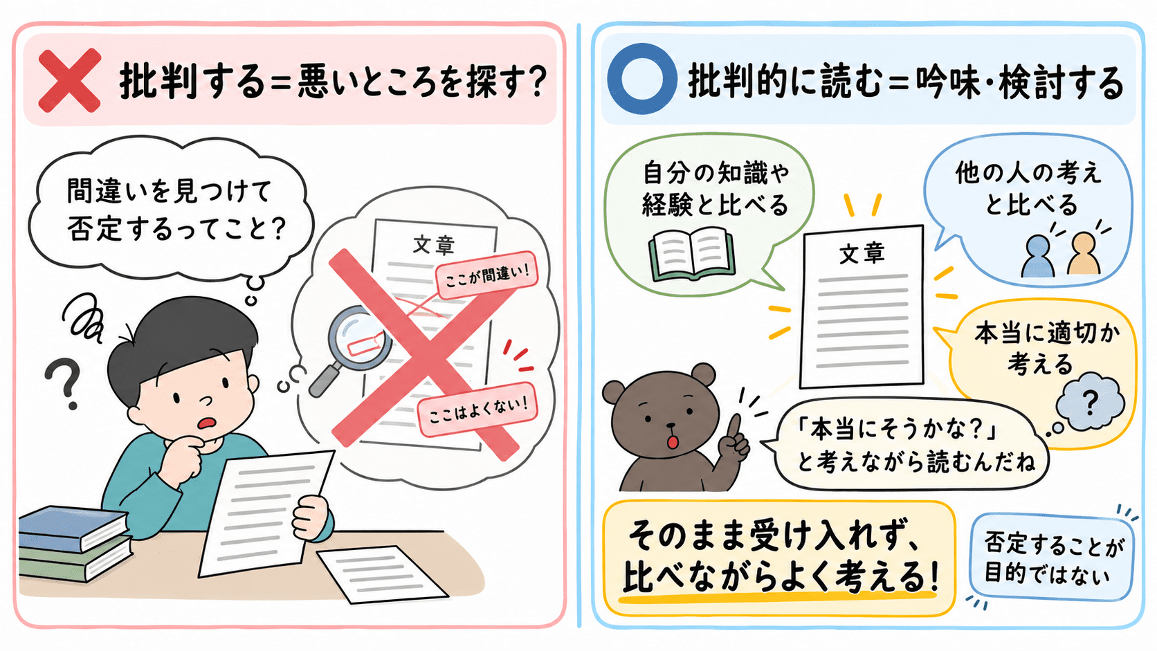 批判的に読むとは、文章を否定することではなく、自分の知識や経験、他の人の考えと比べながら、内容を吟味・検討することだと説明した図。