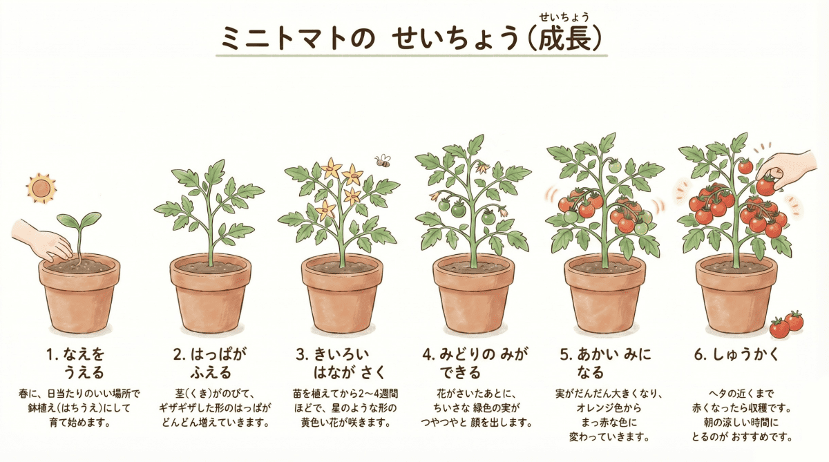 ミニトマトの成長過程を説明する図解イラスト
