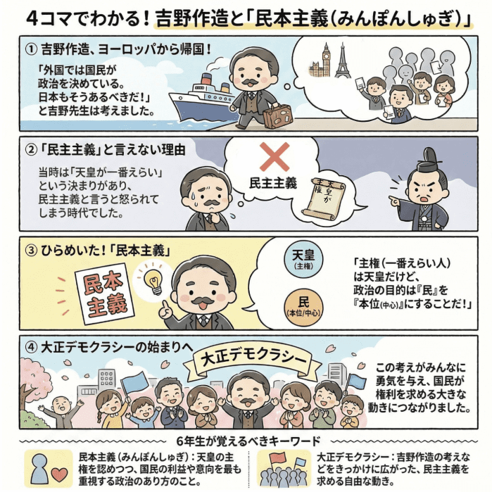 民本主義について小学生向けに説明する4コマ漫画